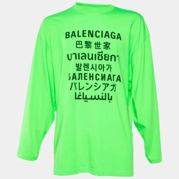 Pre Owned Balenciaga Neon Green Logo Printed Cotton Long Sleeve Oversized T-Shirt S
