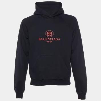 Pre Owned Balenciaga Black Logo Printed Cotton Knit Hoodie S