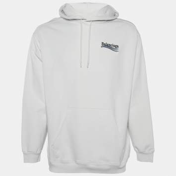 Pre Owned Balenciaga White Wave Logo Embroidered Cotton Knit Hoodie M