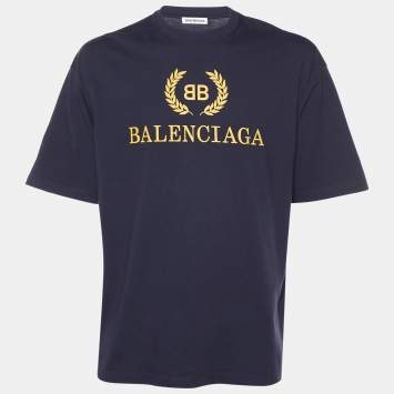 Pre Owned Balenciaga Navy Blue Logo Printed Cotton Knit Oversized T-Shirt S