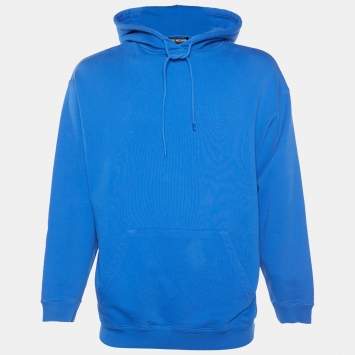 Pre Owned Balenciaga Blue Cotton Knit Logo Printed Oversized Hoodie S 