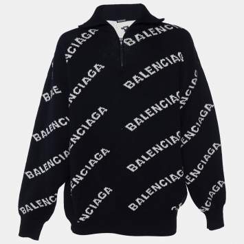Pre Owned Balenciaga Black Allover Logo Intarsia Knit Zip Detail Turtleneck Sweater M