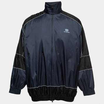 Pre Owned Balenciaga Navy Blue/Black Synthetic Zip-Up Windbreaker Jacket XS
