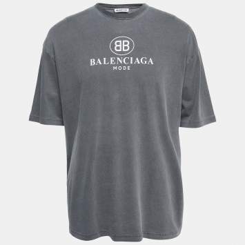 Pre Owned Balenciaga Anthracite Grey Logo Print Cotton Oversized T-Shirt L