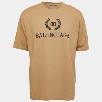 Pre Owned Balenciaga Camel Beige Logo Print Cotton Oversized T-Shirt S