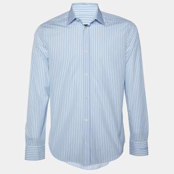 Pre Owned Balenciaga Blue & White Striped Cotton Button Front Shirt L