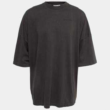 Pre Owned Balenciaga Charcoal Grey Logo Embroidered Cotton Knit Oversized T-Shirt XS