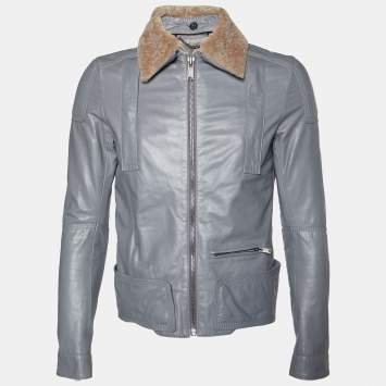 Pre Owned Balenciaga Grey Leather & Fur Collar Zip Front Jacket M