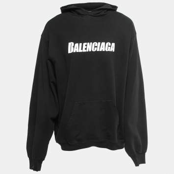 Pre Owned Balenciaga Black Logo Printed Distressed Cotton Knit Hoodie XS