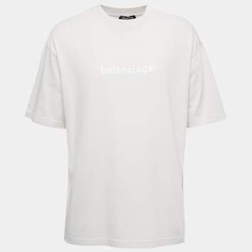 Pre Owned Balenciaga Beige Logo Print Cotton Crew Neck Half Sleeve T-Shirt XL