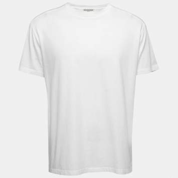 Pre Owned Balenciaga White Logo Print Cotton Crew Neck Half Sleeve T-Shirt L