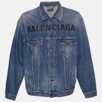 Pre Owned Balenciaga Blue Logo Embroidered Denim Jacket XXL