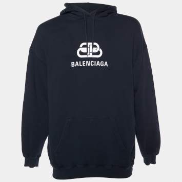 Pre Owned Balenciaga Black Logo Printed Cotton Knit Oversized Hoodie M