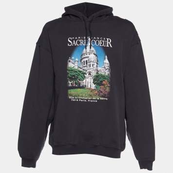 Pre Owned Balenciaga Black Sacre Coeur Printed Cotton Knit Hoodie XL