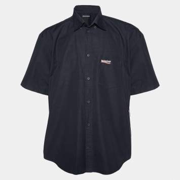 Pre Owned Balenciaga Black Cotton Logo Embroidered Pocket Detail Short Sleeve Shirt L