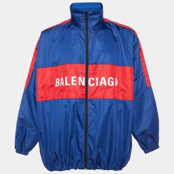 Pre Owned Balenciaga Navy Blue Logo Printed Synthetic Windbreaker Jacket S