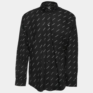 Pre Owned Balenciaga Black All-Over Logo Print Cotton Button Down Full Sleeve Shirt M