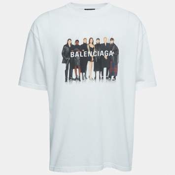 Pre Owned Balenciaga White Logo Print Cotton Crew Neck T-Shirt M