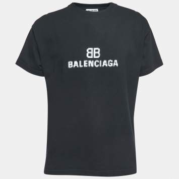 Pre Owned Balenciaga Black Pixel Logo Print Cotton Crew Neck T-Shirt L