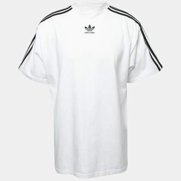 Pre Owned Balenciaga X Adidas White Logo Print Stripe Detailed Cotton Half Sleeve T-Shirt L