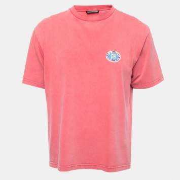 Pre Owned Balenciaga Red Washed Logo Print Cotton Half Sleeve T-Shirt M