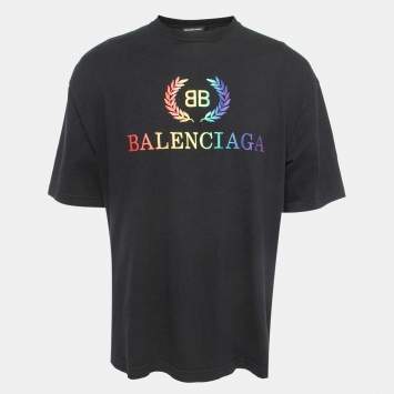 Pre Owned Balenciaga Black Logo Print Cotton Crew Neck Half Sleeve T-Shirt M