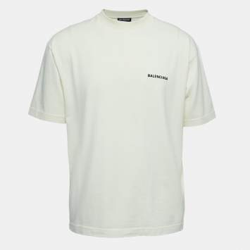Pre Owned Balenciaga Cream Logo Embroidered Cotton Half Sleeve T-Shirt XS