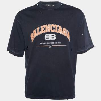 Pre Owned Balenciaga Black Maison printed Cotton Knit Distressed T-Shirt XS