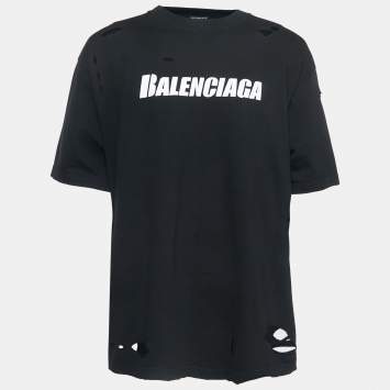 Pre Owned Balenciaga Black Distressed Ripped Cotton Logo Print T-Shirt M