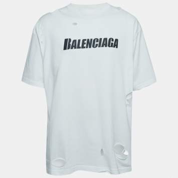 Pre Owned Balenciaga White Ripped Distressed Cotton Logo Print T-Shirt XS