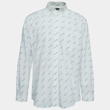 Pre Owned Balenciaga White All-Over Logo Printed Cotton Button Down Shirt M