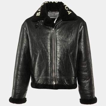 Pre Owned Balenciaga Black Texture Leather & Logo Shearling Jacket XL