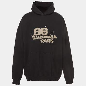 Pre Owned Balenciaga Black Print Distressed Cotton Oversize Hooded Sweatshirt M