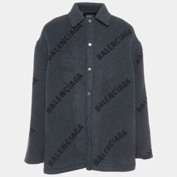 Pre Owned Balenciaga Charcoal Grey All-Over Logo Cashmere Coat S