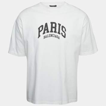Pre Owned Balenciaga White Logo Print Cotton Half Sleeve T-Shirt S