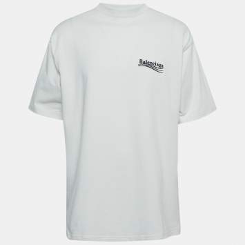 Pre Owned Balenciaga White Logo Embroidered Cotton Half Sleeve T-Shirt M