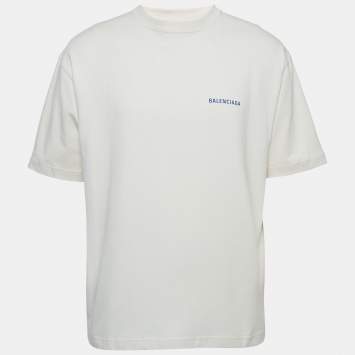 Pre Owned Balenciaga Off-White Logo Print Cotton Half Sleeve T-Shirt M