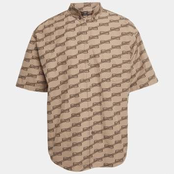 Pre Owned Balenciaga Brown Monogram Print Cotton Oversized Shirt M