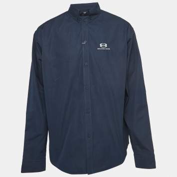 Pre Owned Balenciaga Navy Blue Embroidered Cotton Over Sized Shirt S