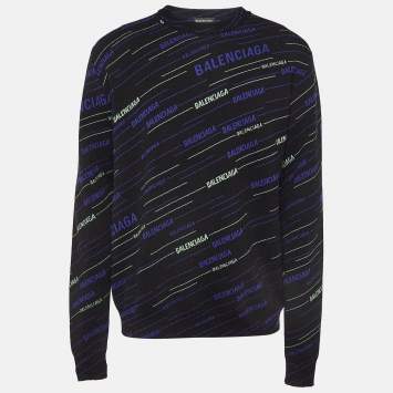 Pre Owned Balenciaga Black Logo Intarsia Wool Sweater M
