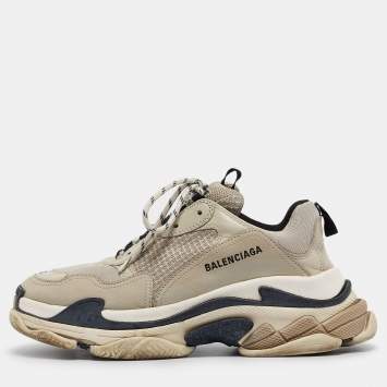 Pre Owned Balenciaga Beige Leather and Mesh Triple S Sneakers Size 42