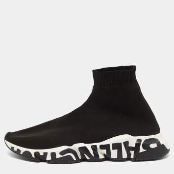 Pre Owned Balenciaga Black Knit Fabric Speed Graffiti High Top Sneakers Size 44
