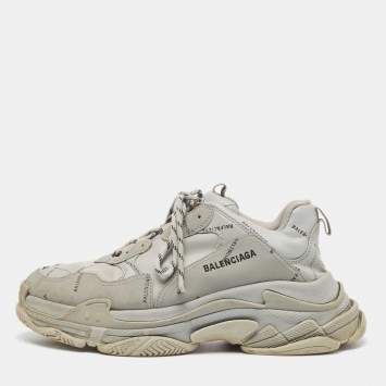 Pre Owned Balenciaga Grey Faux Leather Triple S Sneakers Size 44