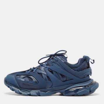 Pre Owned Balenciaga Blue Faux Leather and Mesh Track Sneakers Size 43