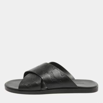 Pre Owned Balenciaga Black Logo Embossed Leather Slides Size 42