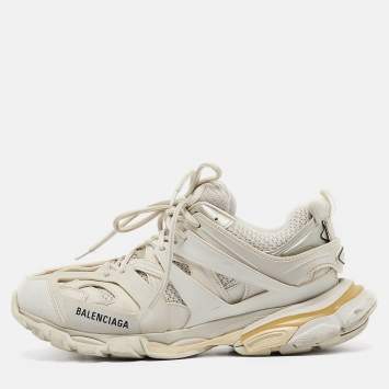 Pre Owned Balenciaga Cream Faux Leather and Mesh Track Sneakers Size 43