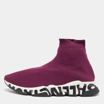 Pre Owned Balenciaga Purple Knit Fabric Speed Trainer High Top Sneakers Size 43