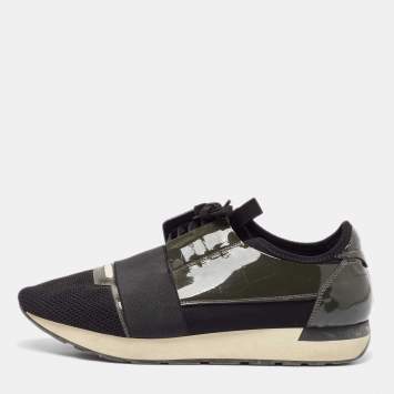 مملوكة مسبقًا Balenciaga Green/Black Mesh and Patent Leather Race Runner Lace Up Sneakers Size 43