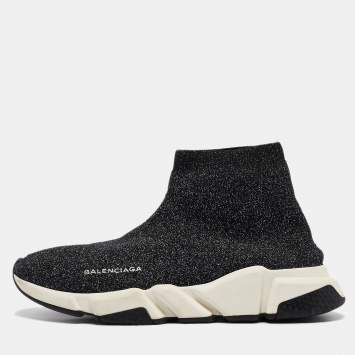 Pre Owned Balenciaga Black/Silver Knit Fabric Speed Trainer Lace Up Sneakers Size 42