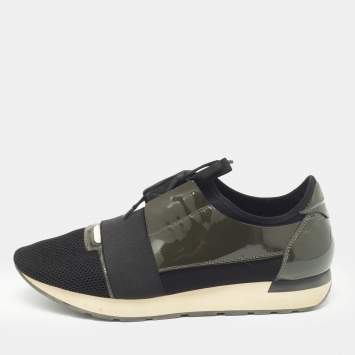 Pre Owned Balenciaga Black/Olive Green Mesh and Patent Leather Race Runner Low Top Sneakers Size 44